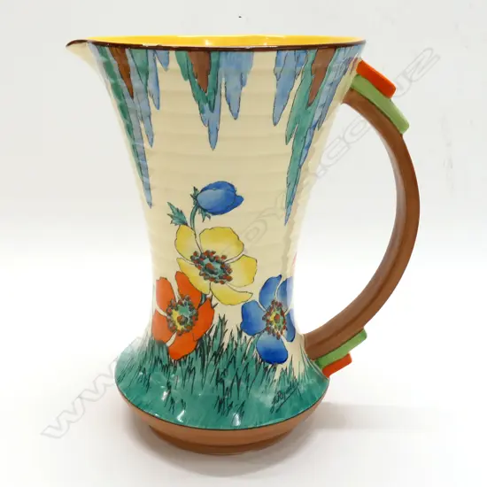A Falcon ware 'Siam' pattern jug, hand coloured and printed signature: J Reynolds